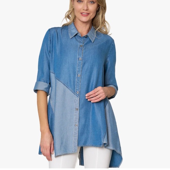 Stella Carakasi Crossroads Tencel Blue Shades Tunic. Asymmetrical Hem, Pockets - Picture 3 of 16